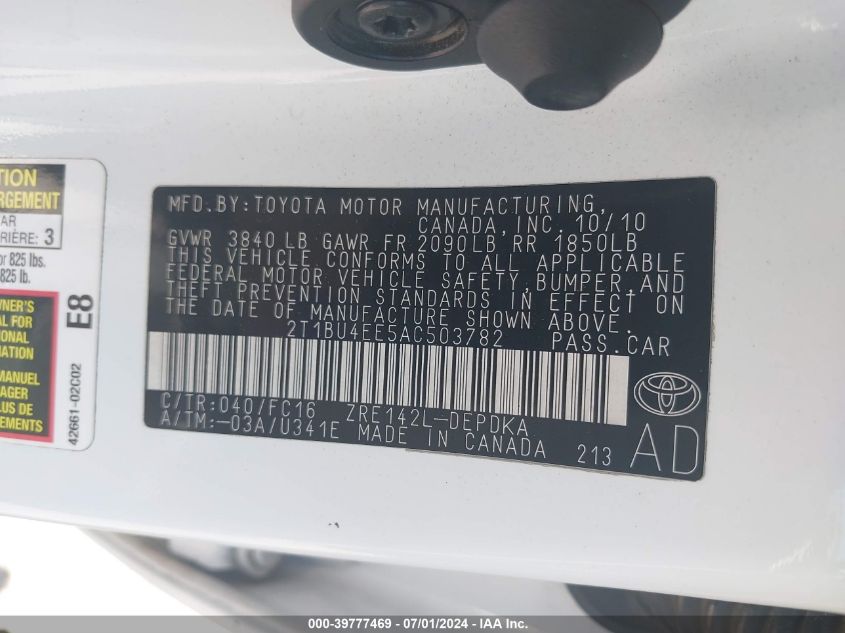 2010 Toyota Corolla Le VIN: 2T1BU4EE5AC503782 Lot: 39777469