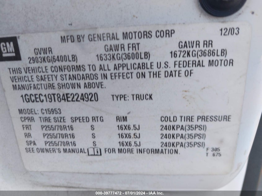2004 Chevrolet Silverado 1500 Ls VIN: 1GCEC19T84E224920 Lot: 39777472