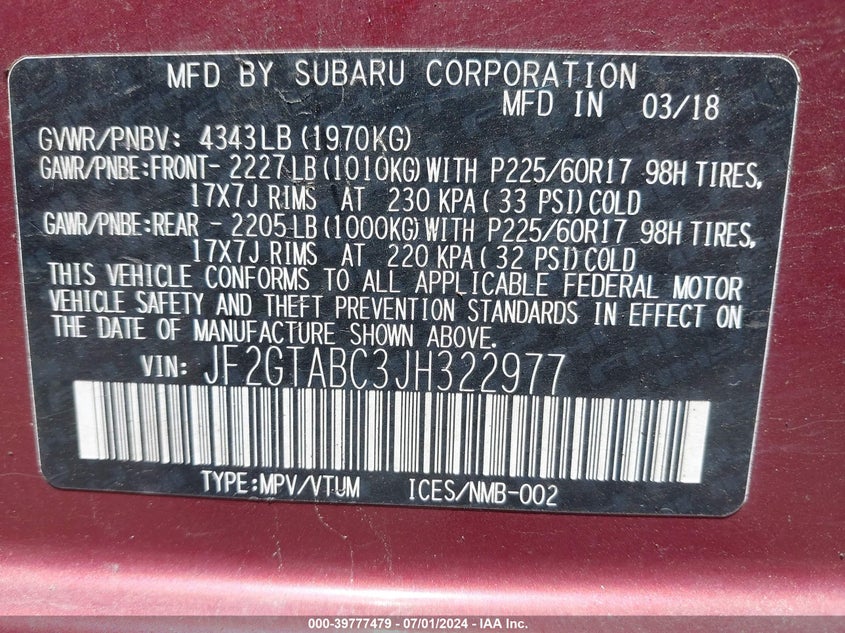 VIN JF2GTABC3JH322977 2018 SUBARU CROSSTREK 2.0I PREMIUM