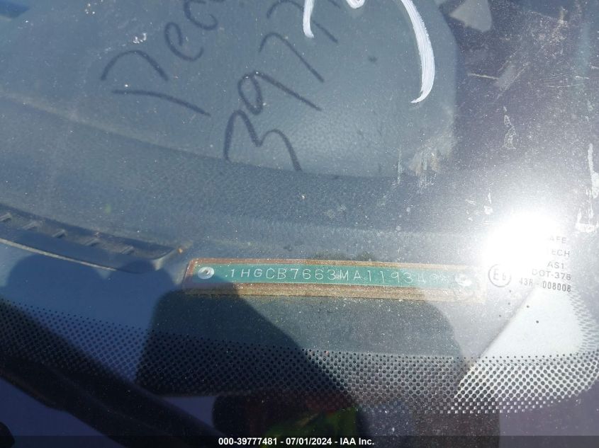 1991 Honda Accord Ex/Ex-R VIN: 1HGCB7663MA119349 Lot: 39777481