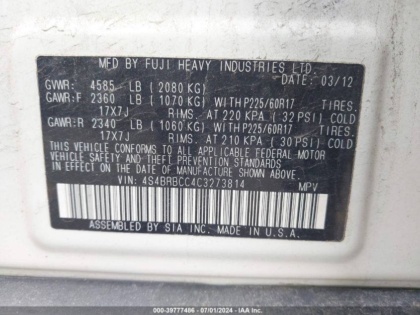 2012 Subaru Outback 2.5I Premium VIN: 4S4BRBCC4C3273814 Lot: 39777486