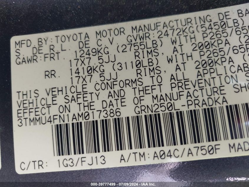 2010 Toyo Tacoma Doublecab Aut Base V6 VIN: 3TMMU4FN1AM017386 Lot: 39777499