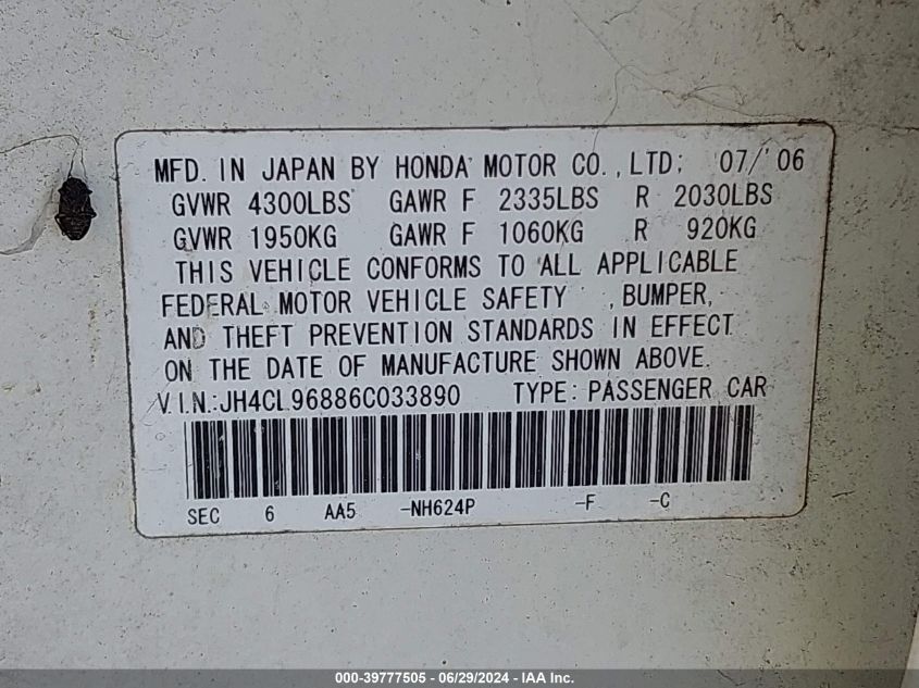 2006 Acura Tsx VIN: JH4CL96886C033890 Lot: 39777505