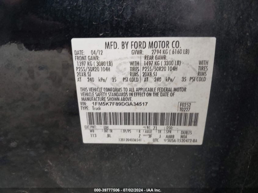 2013 Ford Explorer Limited VIN: 1FM5K7F89DGA34517 Lot: 39777506