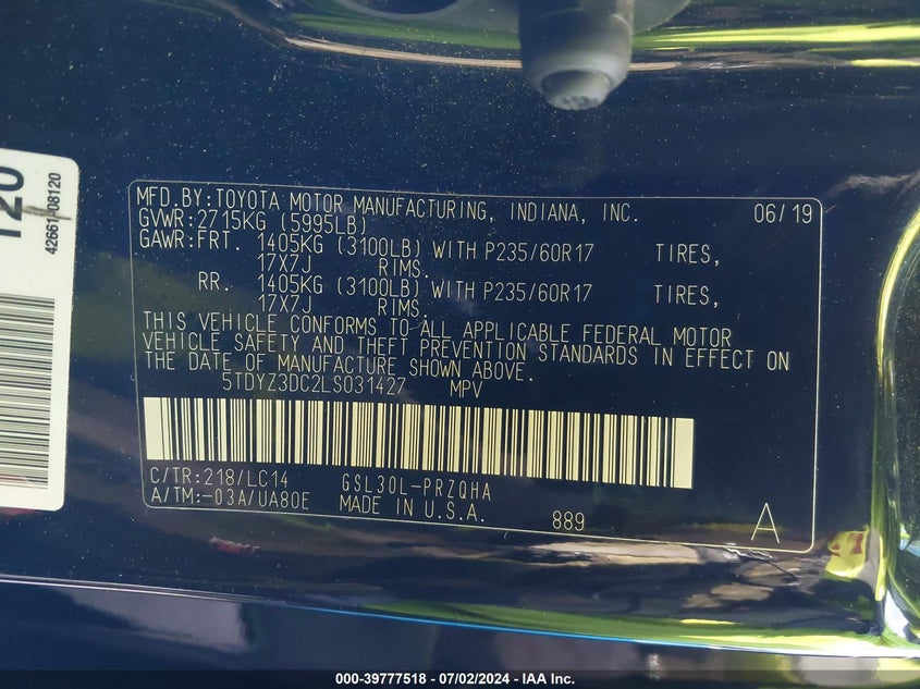 2020 Toyota Sienna Xle VIN: 5TDYZ3DC2LS031427 Lot: 39777518