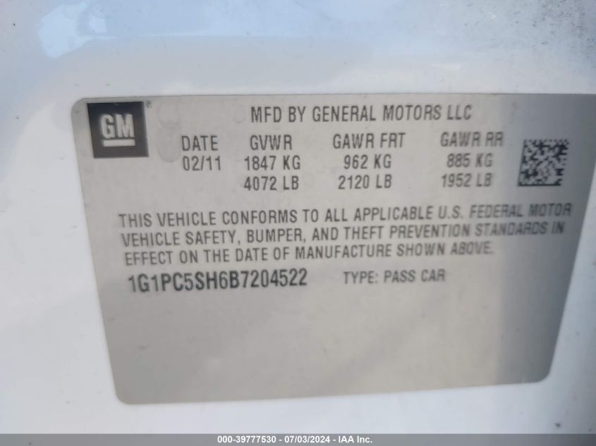 2011 Chevrolet Cruze Ls VIN: 1G1PC5SH6B7204522 Lot: 39777530