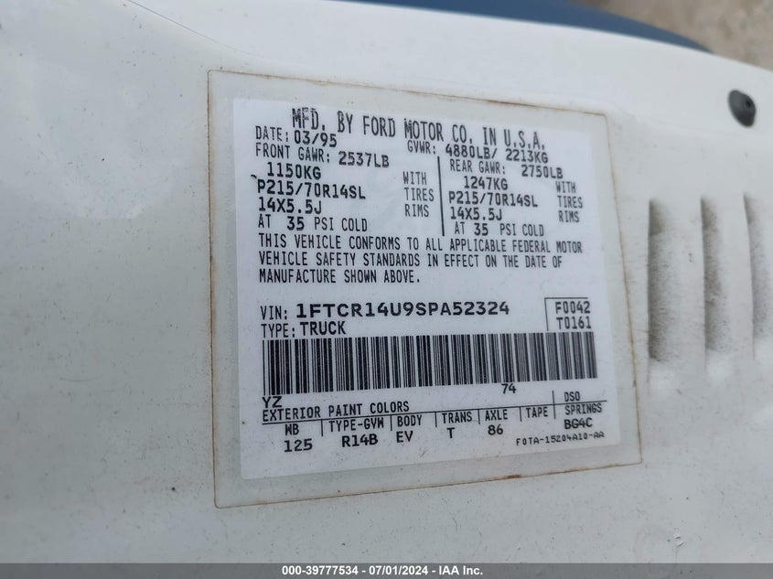 1995 Ford Ranger Super Cab VIN: 1FTCR14U9SPA52324 Lot: 39777534