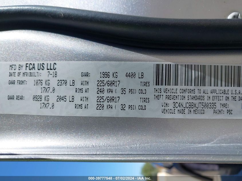 2018 Jeep Compass Sun And Wheel Fwd VIN: 3C4NJCBBXJT500335 Lot: 39777548