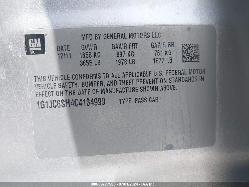 2012 Chevrolet Sonic 2Lt VIN: 1G1JC6SH4C4134999 Lot: 39777555