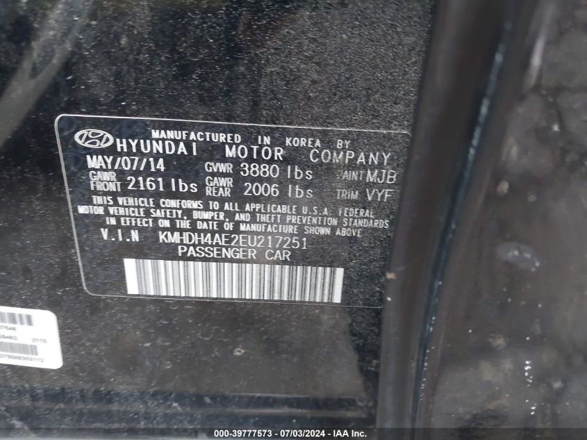 2014 Hyundai Elantra Se VIN: KMHDH4AE2EU217251 Lot: 39777573