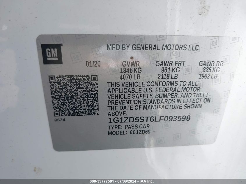 2020 Chevrolet Malibu Fwd Lt VIN: 1G1ZD5ST6LF093598 Lot: 39777581