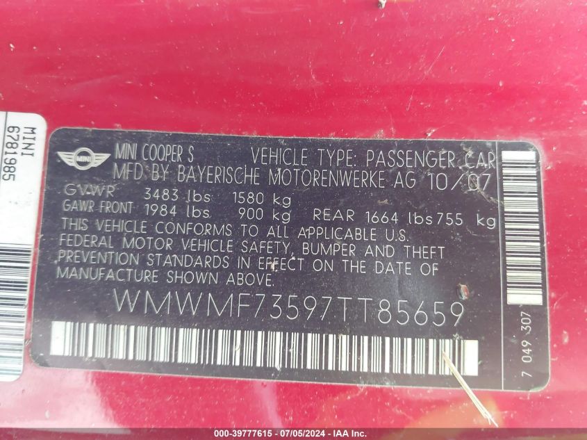 2007 Mini Cooper S VIN: WMWMF73597TT85659 Lot: 39777615
