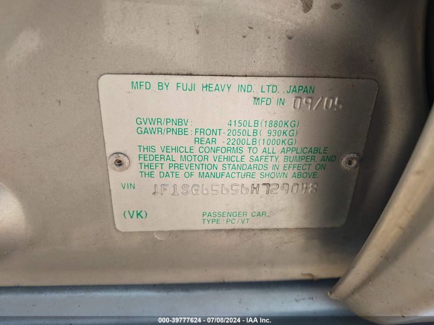 2006 Subaru Forester 2.5X VIN: JF1SG65656H729048 Lot: 39777624