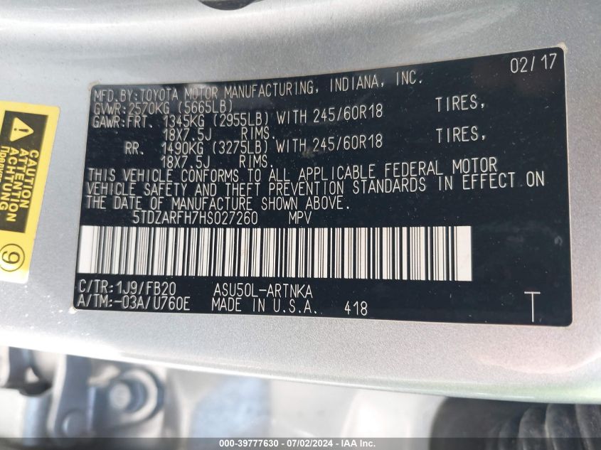 2017 Toyota Highlander Le VIN: 5TDZARFH7HS027260 Lot: 39777630