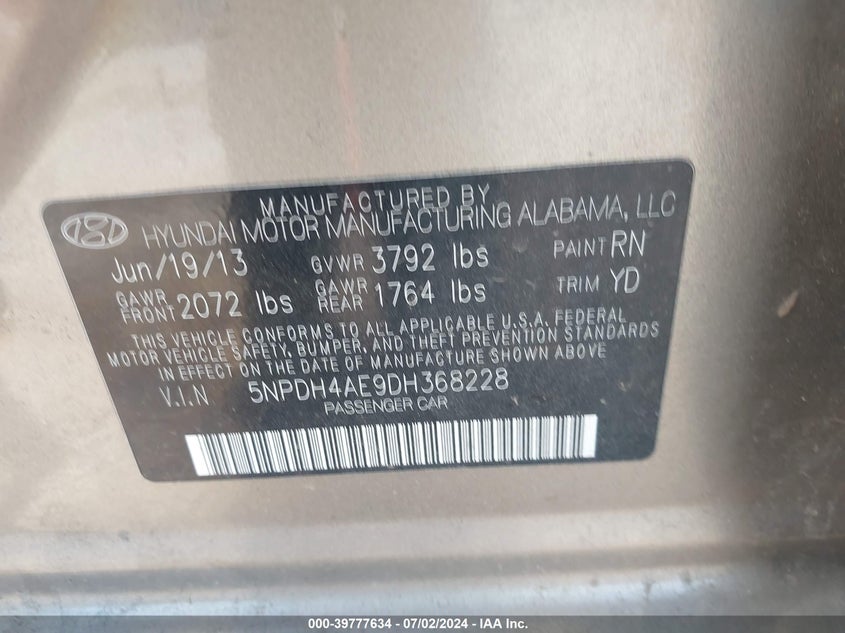 2013 Hyundai Elantra Gls VIN: 5NPDH4AE9DH368228 Lot: 39777634