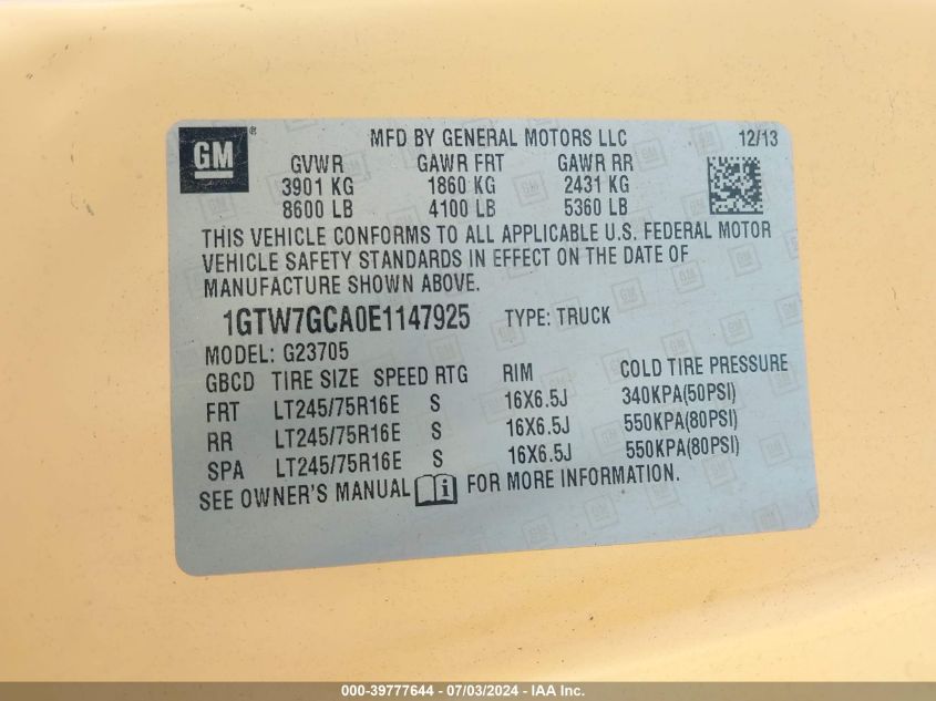 2014 GMC Savana G2500 VIN: 1GTW7GCA0E1147925 Lot: 39777644