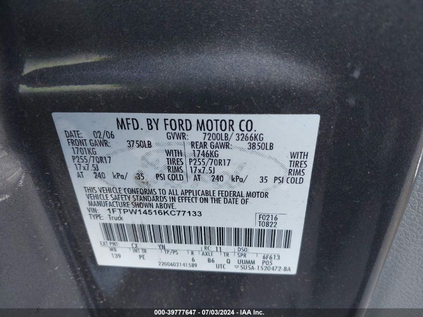 2006 Ford F-150 Fx4/Lariat/Xlt VIN: 1FTPW14516KC77133 Lot: 39777647