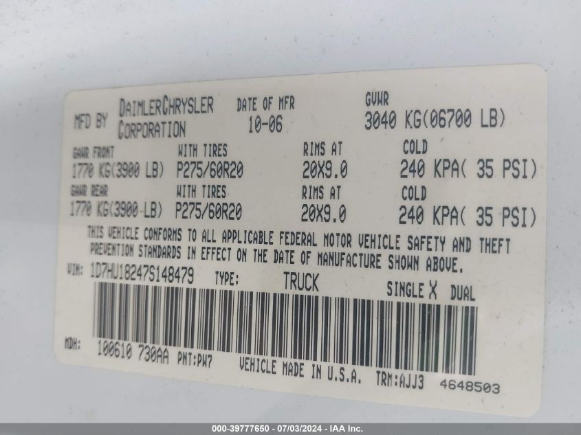2007 Dodge Ram 1500 Slt/Trx4 Off Road/Sport VIN: 1D7HU18247S148479 Lot: 39777650