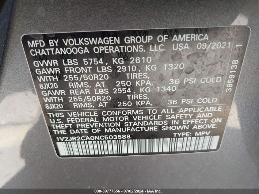 2022 Volkswagen Atlas 3.6L V6 Se W/Technology VIN: 1V2JR2CA0NC503588 Lot: 39777656