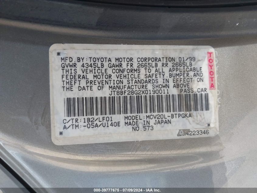 1999 Lexus Es 300 VIN: JT8BF28G2X0190011 Lot: 39777675