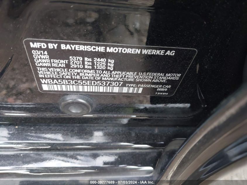 2014 BMW 535 Xi VIN: WBA5B3C55ED537307 Lot: 39777689