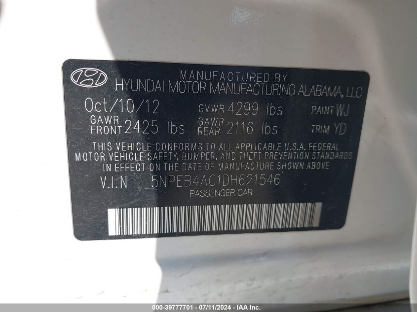 2013 Hyundai Sonata Gls VIN: 5NPEB4AC1DH621546 Lot: 39777701