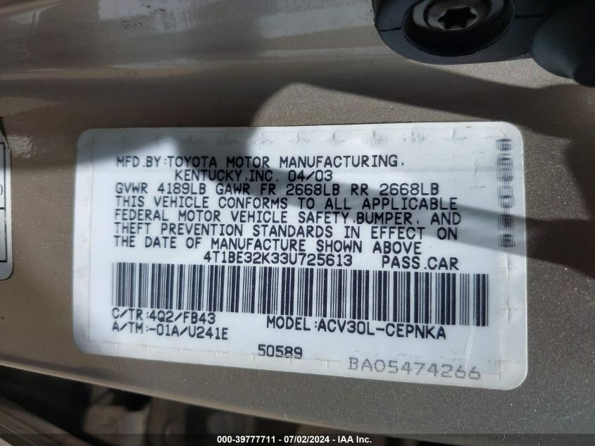 2003 Toyota Camry Le VIN: 4T1BE32K33U725613 Lot: 39777711