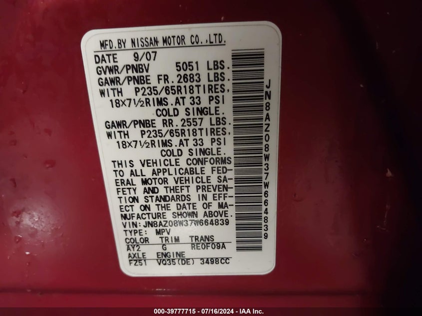 2007 Nissan Murano Sl VIN: JN8AZ08W37W664839 Lot: 39777715