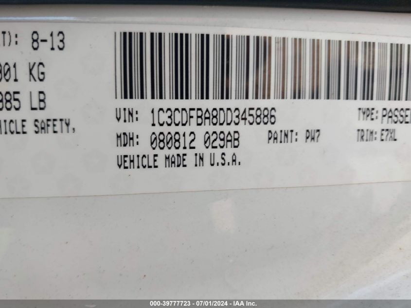 2013 Dodge Dart Sxt VIN: 1C3CDFBA8DD345886 Lot: 39777723