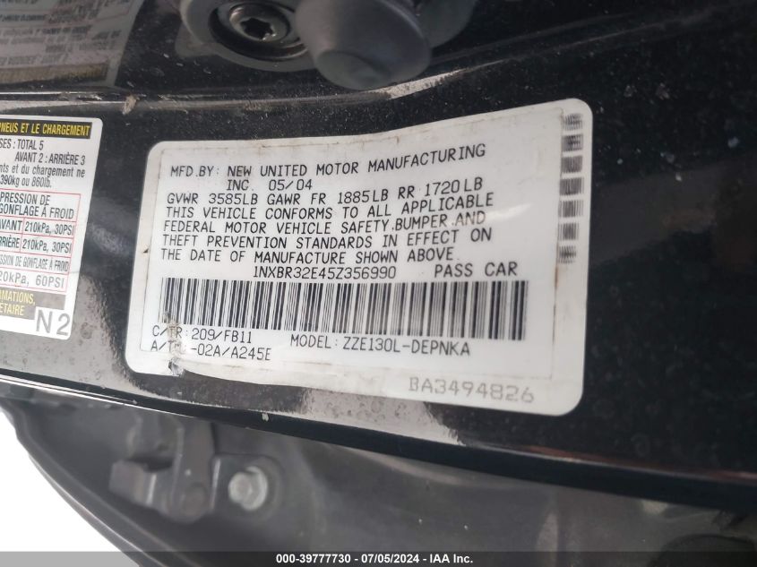 2005 Toyota Corolla Le VIN: 1NXBR32E45Z356990 Lot: 39777730