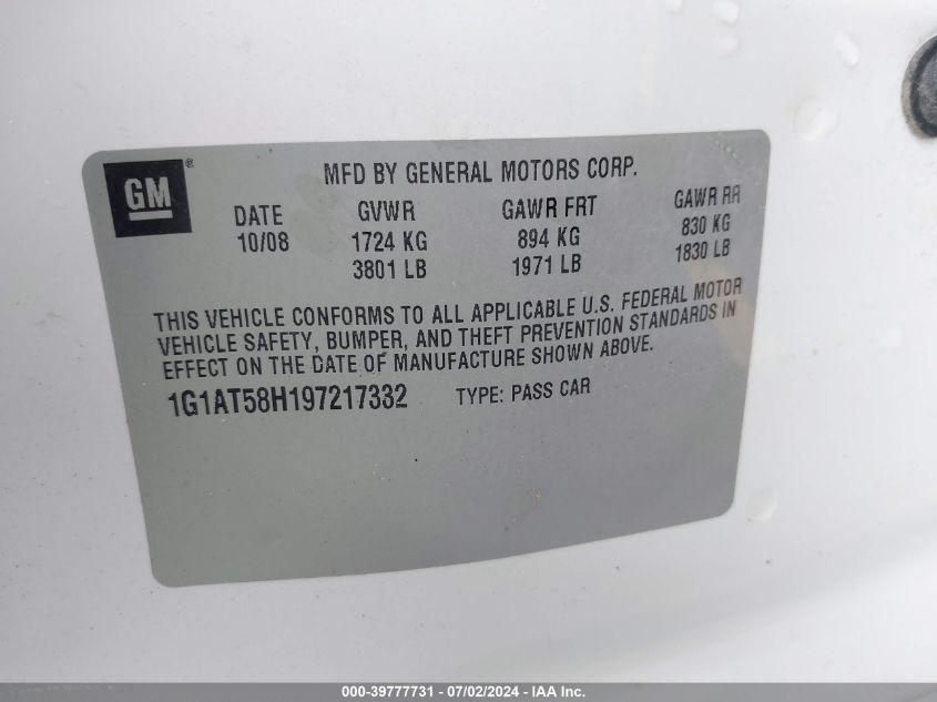 2009 Chevrolet Cobalt Lt VIN: 1G1AT58H197217332 Lot: 39777731