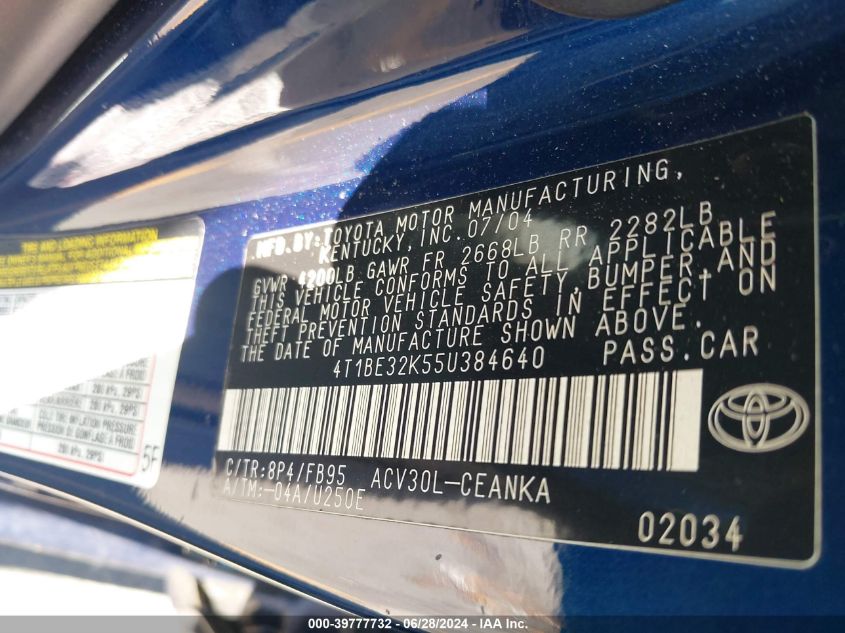 2005 Toyota Camry Le VIN: 4T1BE32K55U384640 Lot: 39777732