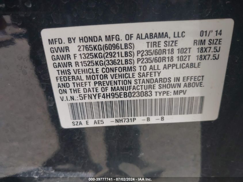 2014 Honda Pilot Touring VIN: 5FNYF4H95EB023083 Lot: 39777741