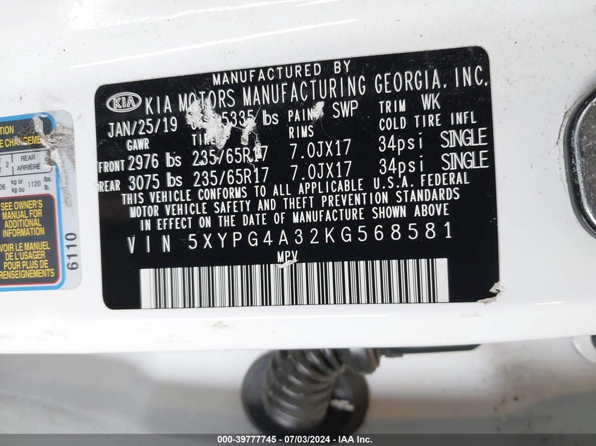 2019 Kia Sorento 2.4L Lx VIN: 5XYPG4A32KG568581 Lot: 39777745
