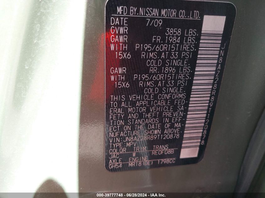 2009 Nissan Cube 1.8S VIN: JN8AZ28R89T120878 Lot: 39777748