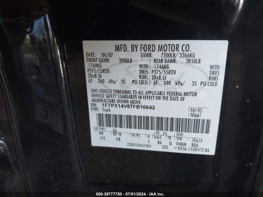 2007 Ford F-150 Fx4/Lariat/Xl/Xlt VIN: 1FTPX14V87FB16642 Lot: 39777750