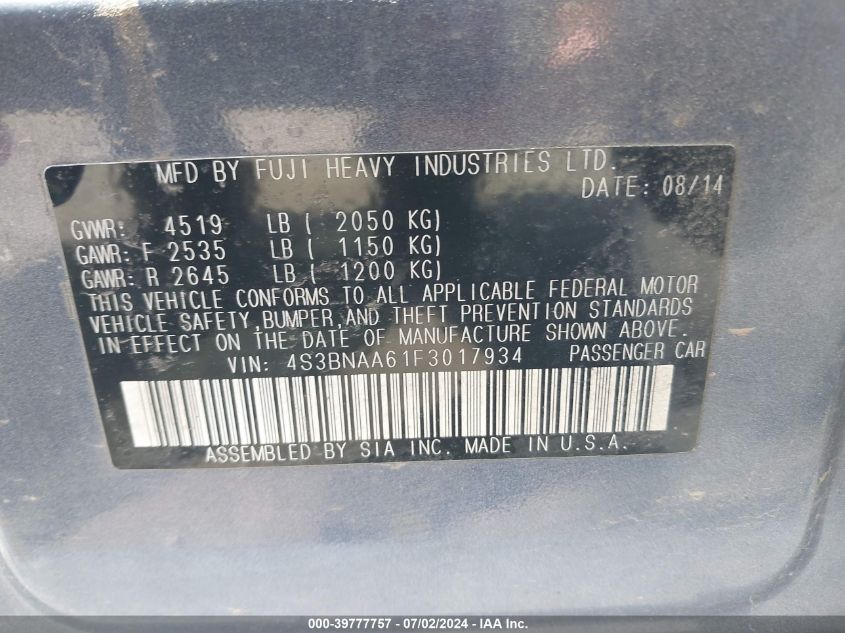 2015 Subaru Legacy 2.5I VIN: 4S3BNAA61F3017934 Lot: 39777757