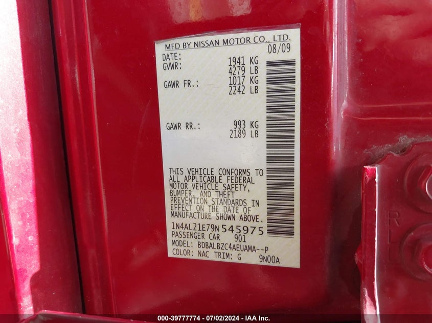 2009 Nissan Altima 2.5 S VIN: 1N4AL21E79N545975 Lot: 39777774