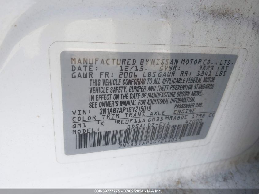 2016 Nissan Sentra S/Sv/Sr/Sl VIN: 3N1AB7AP1GY215019 Lot: 39777775