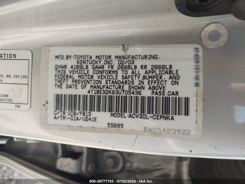 2003 Toyota Camry Le VIN: 4T1BE32K63U705436 Lot: 39777783