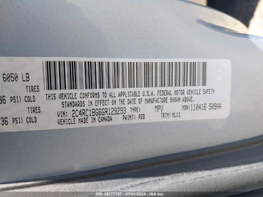 2016 Chrysler Town & Country Touring VIN: 2C4RC1BG6GR129293 Lot: 39777787