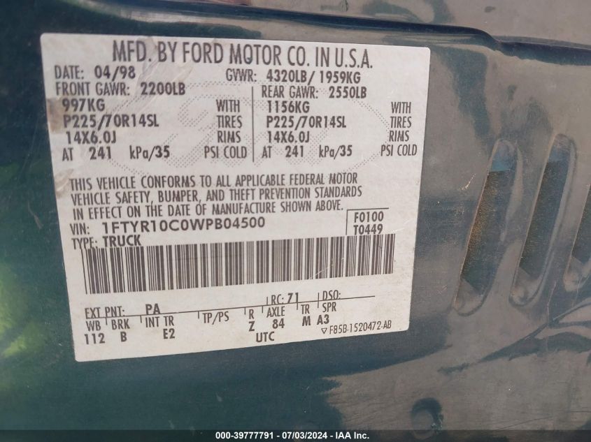 1998 Ford Ranger Splash/Xl/Xlt VIN: 1FTYR10C0WPB04500 Lot: 39777791