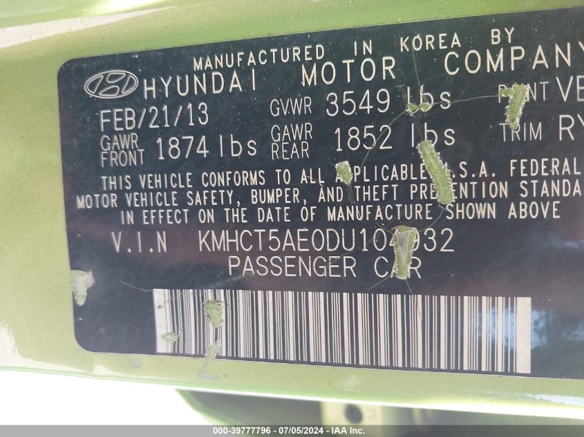 2013 Hyundai Accent Gs VIN: KMHCT5AE0DU104932 Lot: 39777796