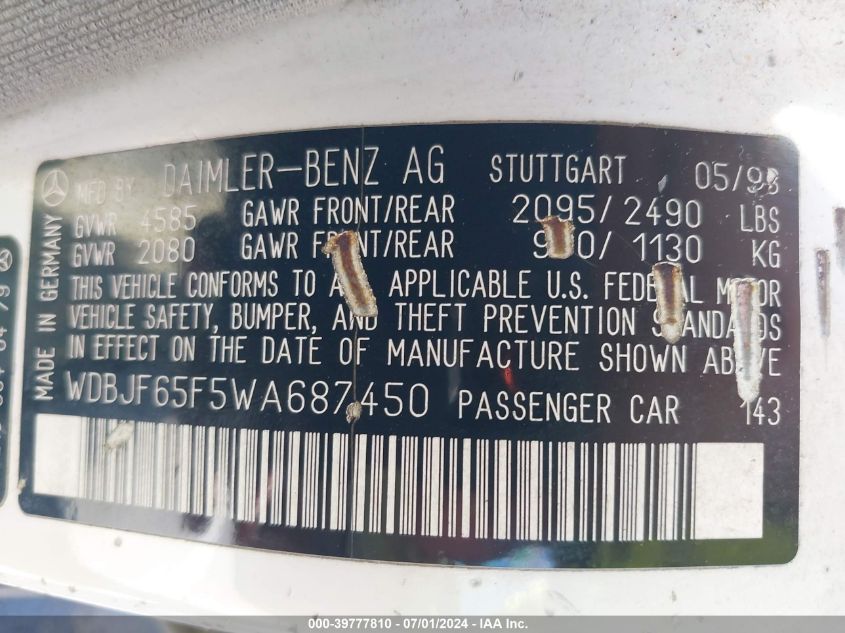 1998 Mercedes-Benz E 320 VIN: WDBJF65F5WA687450 Lot: 39777810