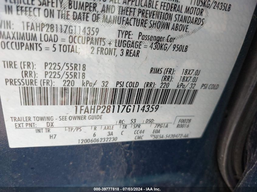 2007 Ford Five Hundred Limited VIN: 1FAHP28117G114359 Lot: 39777818