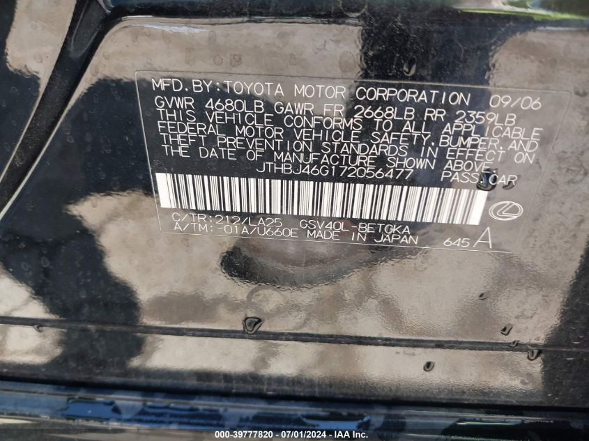 2007 Lexus Es 350 VIN: JTHBJ46G172056477 Lot: 39777820