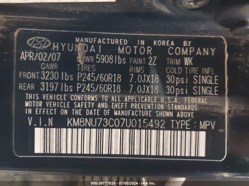 2007 Hyundai Veracruz Gls/Limited/Se VIN: KM8NU73C07U015492 Lot: 39777828