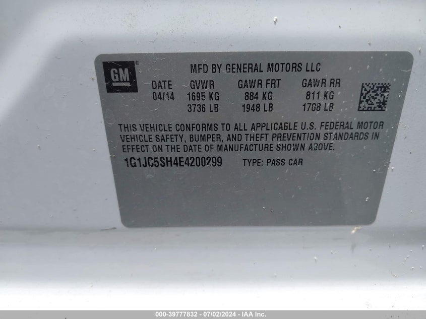 2014 Chevrolet Sonic Lt Auto VIN: 1G1JC5SH4E4200299 Lot: 39777832