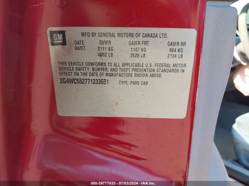 2007 Buick Lacrosse Cx VIN: 2G4WC582771233551 Lot: 39777833