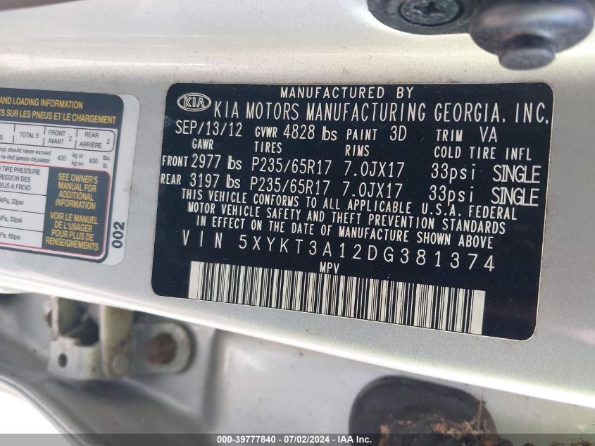 2013 Kia Sorento Lx VIN: 5XYKT3A12DG381374 Lot: 39777840